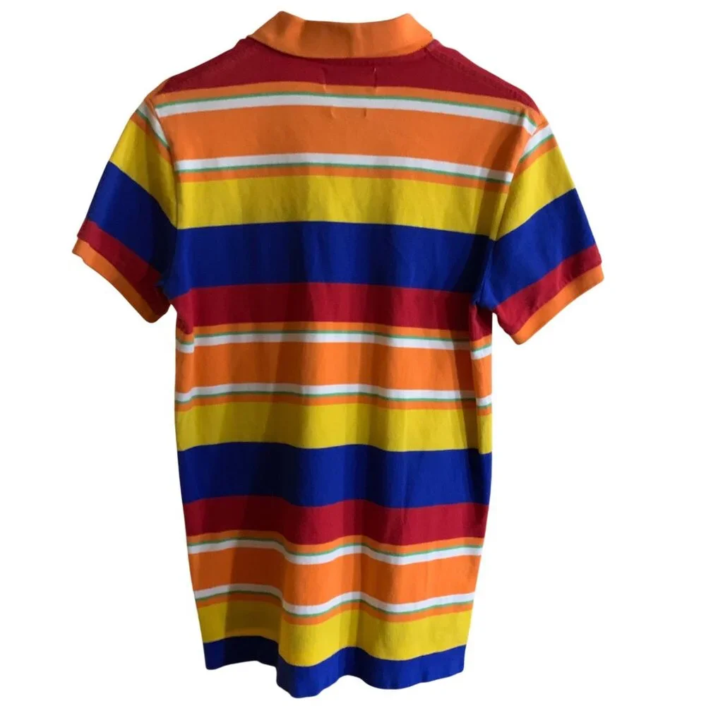 Mens Custom Fit Multicolor Striped Polo Shirt M 100% Cotton Classic Dopamine Y2K